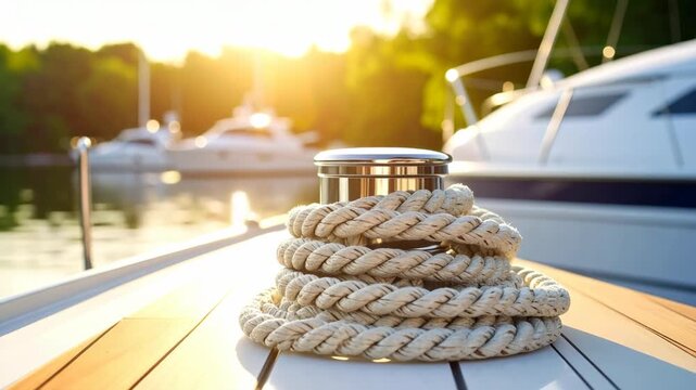 Close-up of coiled rope on a boat deck with yachts at sunset