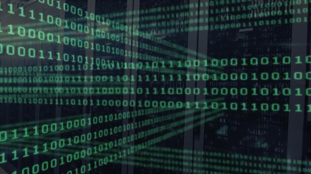 Binary code animation over servers in data center