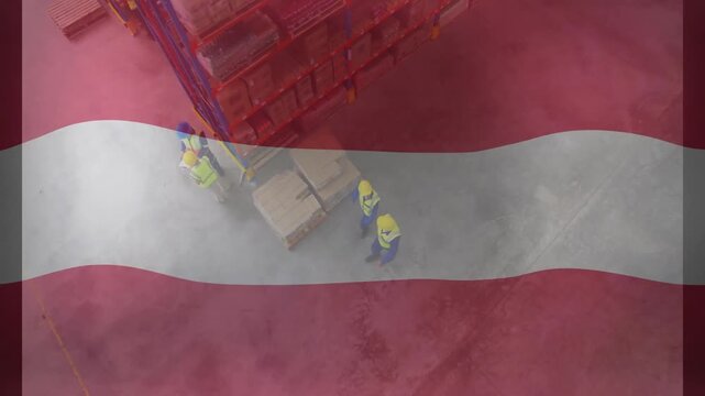 Moving pallets in warehouse, workers overlaid with Austrian flag animation
