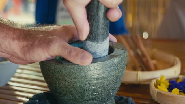 A man crushing fresh ingredients in a mortar and pestle to prepare Thai papaya salad, highlighting traditional cooking techniques and authentic Thai food preparation.