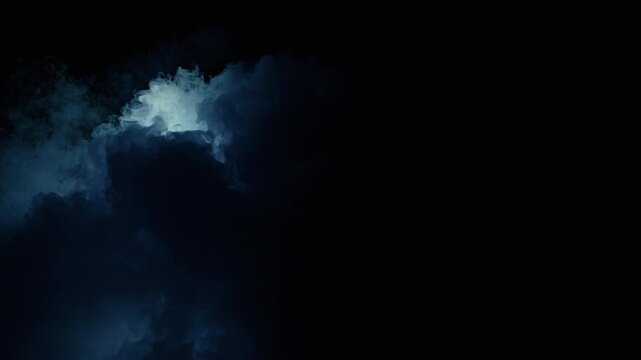 Mystical blue haze with glowing light source and dynamic lighting strokes in dark atmospheric clouds