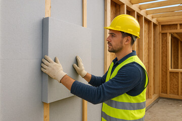 A man in a yellow hard hat is working on a building