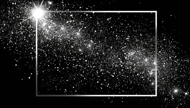 A shimmering silver border frames a cosmic expanse of twinkling stardust