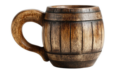 Rustic wooden mug with a barrel-like design and sturdy handle