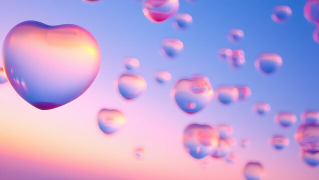 Dreamy pink and purple sunset sky with floating hearts and bubbles