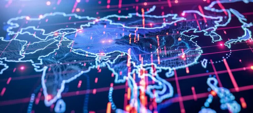 China and India glowing digital map. Global wireless network concept. Generative video AI technology.