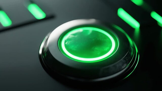 A close view of a green lit button on a gaming device highlighting its design and features in low light