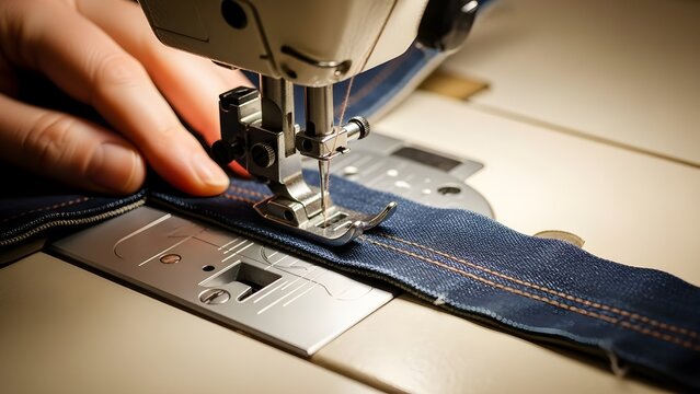 Close up of hand sewing denim fabric with industrial sewing machine needle