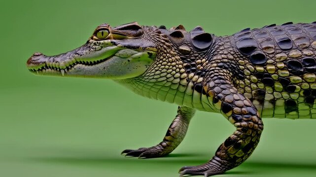 A detailed image of a crocodile posing on a green background