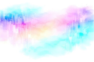 A colorful, abstract painting with a blue and pink background
