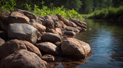 Fototapeta premium Clear stream flowing past a sunlit bank of wet rounded river stones and lush green vegetation
