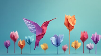 Fototapeta premium Vibrant origami hummingbird flying among colorful flowers