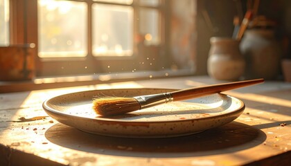 Obraz premium Single paint brush rests on white ceramic plate bathed in warm golden light with dust particles floating in air