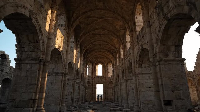 Interior of a majestic ancient monastery ruin with stone pillars and gothic arches. A lone person explores the historic site as golden sunlight streams through the windows