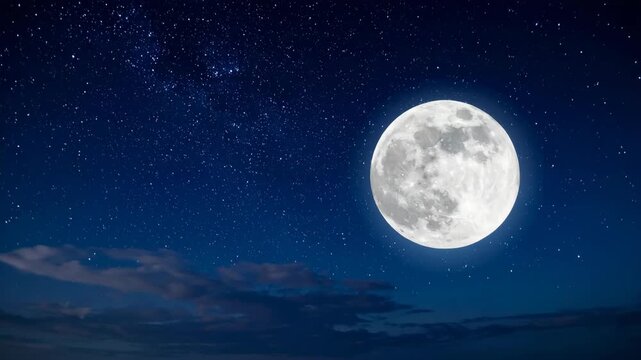 Bright full moon shines in a starry night sky with wispy clouds
