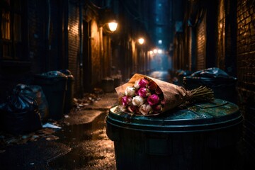 A bouquet of flowers is sitting on a trash can in a dark alleyway