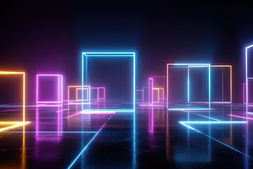 Fototapeta premium Abstract glowing neon cubes and lines create a futuristic, digital cityscape