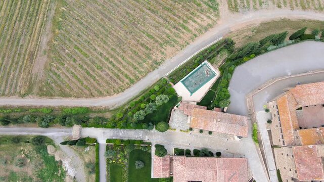 Aerial view of Banfi Castle in Tuscany, Italy