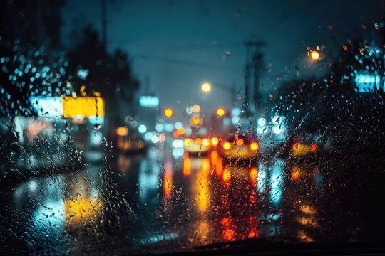 Wet windshield blurs vibrant city lights and traffic at night