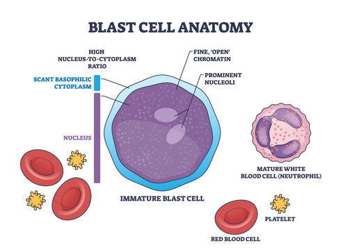 Blast cell anatomy overview featuring an immature blast cell with large nucleus and scant cytoplasm, context with red blood cell and neutrophil. Outline diagram