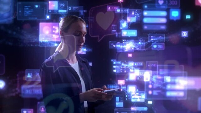 Female Manages Online Interactions, Person Engages With Audience By Monitoring And Replying Digitally