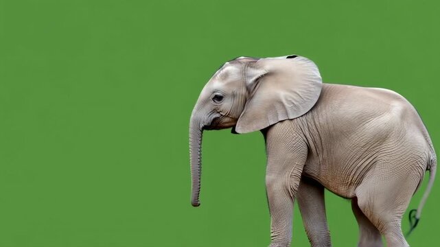 An elephant stands on green, detailed skin texture visible