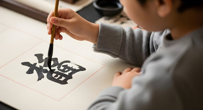 Young person practicing traditional Asian calligraphy with ink b