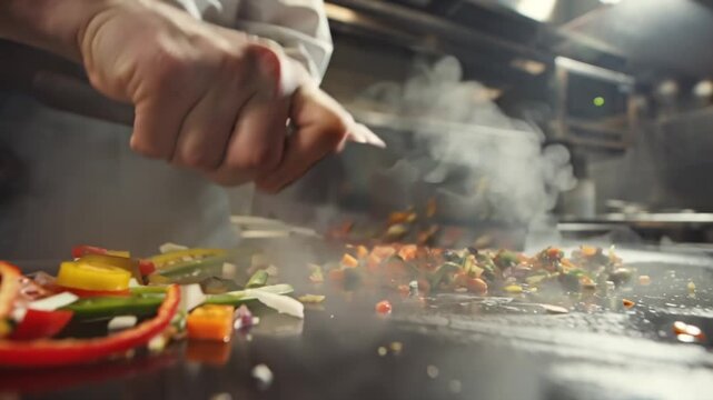 4K cinematic video, futuristic modern kitchen, chefs cooking, motion blur streaks, fast chopping, swirling sauces, glowing ambient kitchen lights, reflections stainless steel surfaces vibrant colorful
