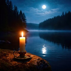 A candle is lit on a rock by a lake at night