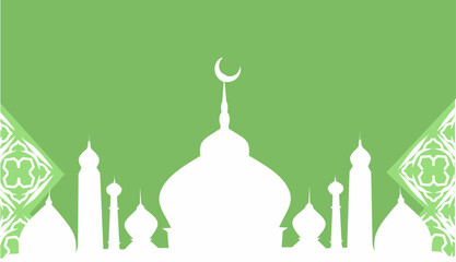 Serene Mosque Silhouette on Green Background with Crescent and Elegant Islamic Pattern