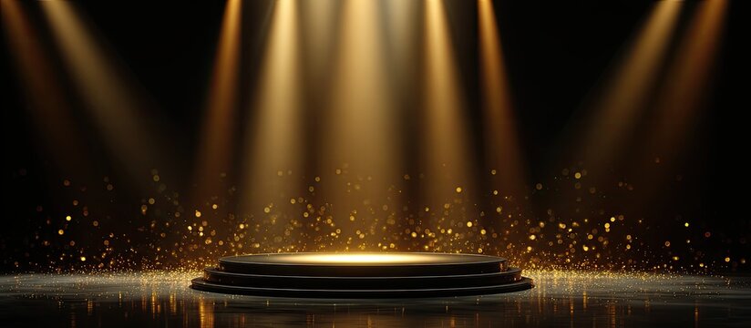 A circular stage with golden spotlights and falling glitter