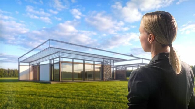 Morning Sunlight Highlights Architect Contemplating Completed Steel Framework Of Contemporary Residence