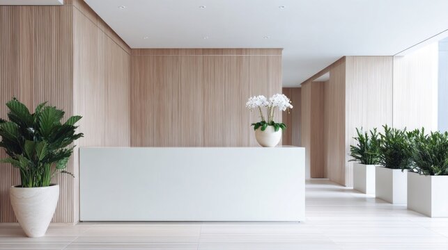 A stylish reception area filled with natural light invites guests in. The minimalistic design features elegant plants and a sleek front desk that embodies calm and sophistication