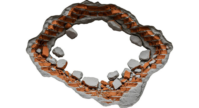 Damaged red brick wall fragment with broken bricks and concrete isolated on a transparent background