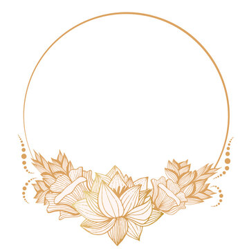 Round frame with golden flowers, lotus on a transparent background. Hand-drawn. Linear floral logos, frames and borders, backgrounds for social media, greetings, and wedding frames.
