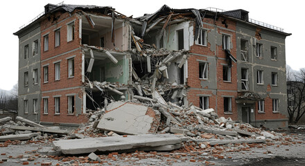 Damaged red brick building with rubble and debris isolated on a transparent background damaged building