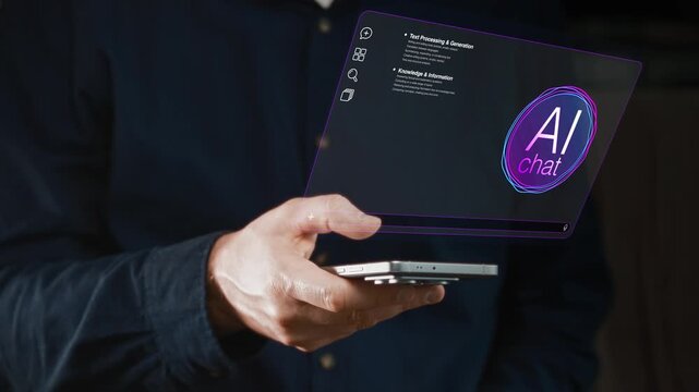 Close Examination Of Hand Operating Smartphone With Interactive Holographic AI Chat Features