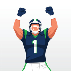 Modern vector illustration of an American football player in a navy and green uniform celebrating a win with raised fists. Perfect for sports posters, team mascots, and competition themes.