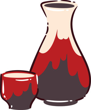 Japanese sake bottle with small cup, traditional tokuri and choko in red ceramic glaze. Alcohol drink from Japan, cultural tableware object in hand drawn cartoon style, vector illustration.