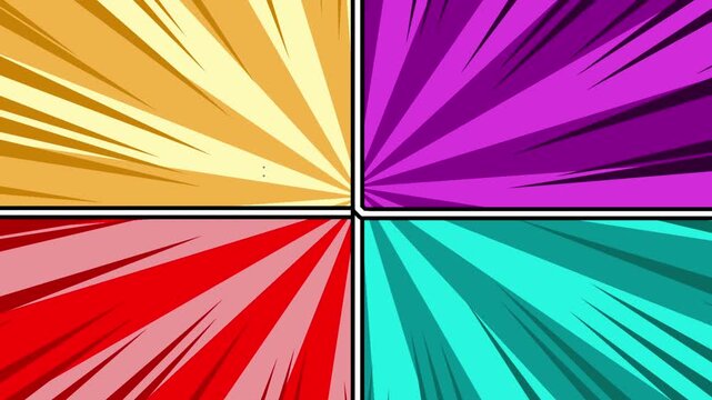 Four-panel comic book split screen with colorful radial speed lines. Retro manga style background with yellow, purple, red, and cyan sections featuring black burst rays