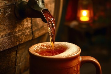 A cup of tea is pouring out of a spout