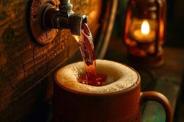 A cup of tea is pouring out of a spout