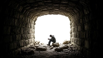 Fototapeta premium A person sits in a dimly lit stone tunnel with a bright light at the end. Surreal Silliness concept Background