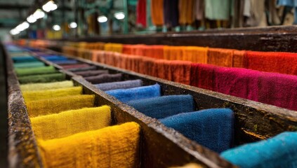 Obraz premium Rows of vibrantly colored fabric samples, neatly arranged in wooden trays