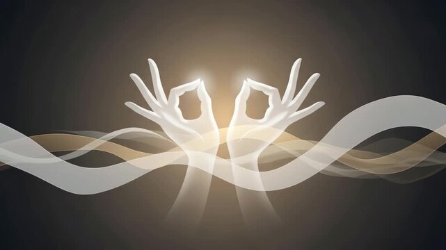 Meditation hands in mudra with flowing energy waves, abstract spiritual healing background in soft glowing light