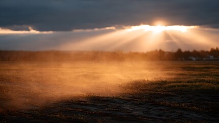 Obraz premium Golden sunbeams pierce stormy clouds illuminating dust motes rising from a rural field at sunset