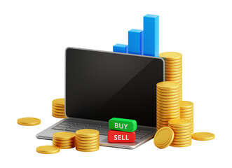 3d finance investment business trade png concept with laptop money coin and profit