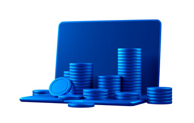 3D Blue Laptop With Stack Of Money Coins For Business Finance And Investment Png Concept