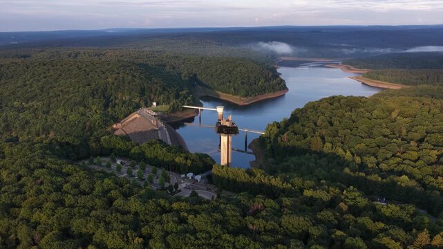 Aerial view of gileppe dam reservoir and forest in belgium