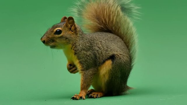 A squirrel stands upright on a green background